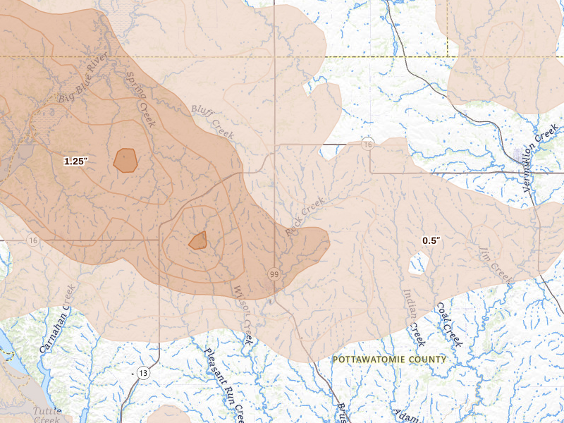 Radar-estimated hail-size map of the storm over Westmoreland, KS
