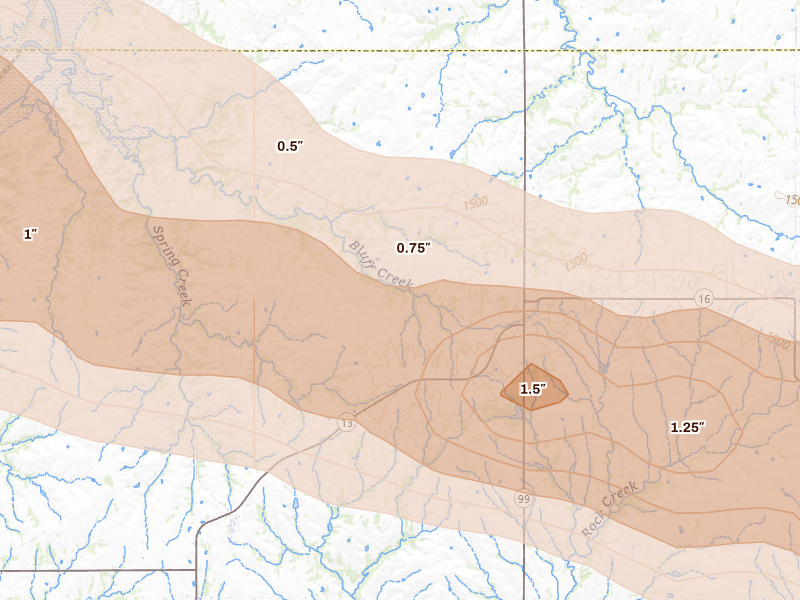 Radar-estimated hail-size map of the storm over Westmoreland, KS on Aug 18, 2026