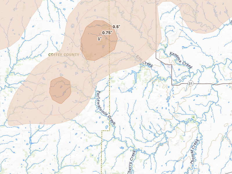 Radar-estimated hail-size map of the storm over Westphalia, KS on Apr 17, 2026