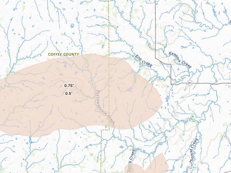Radar-estimated hail-size map of the storm over Westphalia, KS