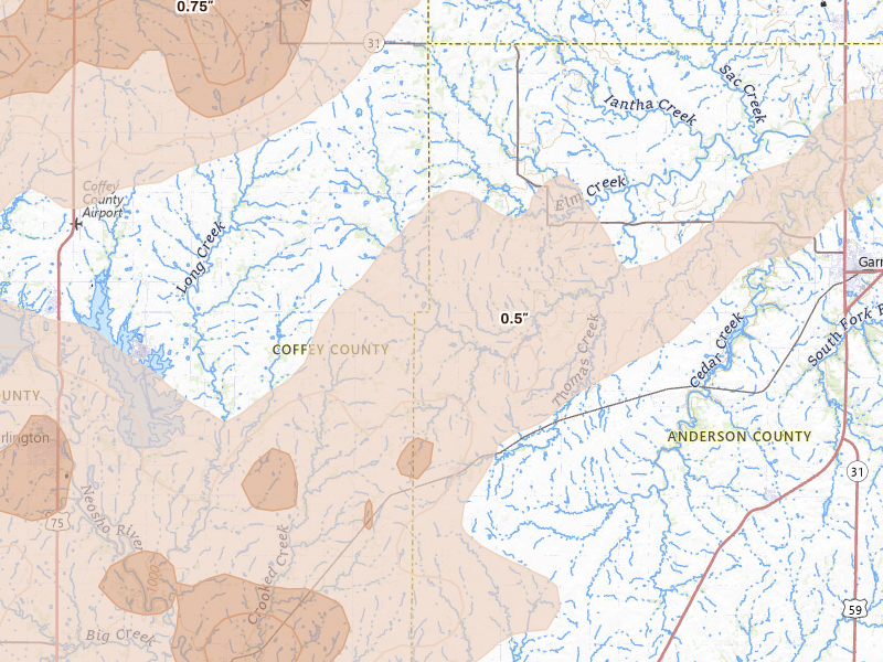 Radar-estimated hail-size map of the storm over Westphalia, KS on Aug 5, 2026