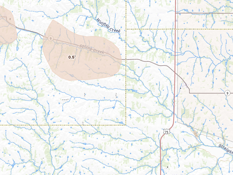 Radar-estimated hail-size map of the storm over Wetmore, KS on Apr 9, 2026