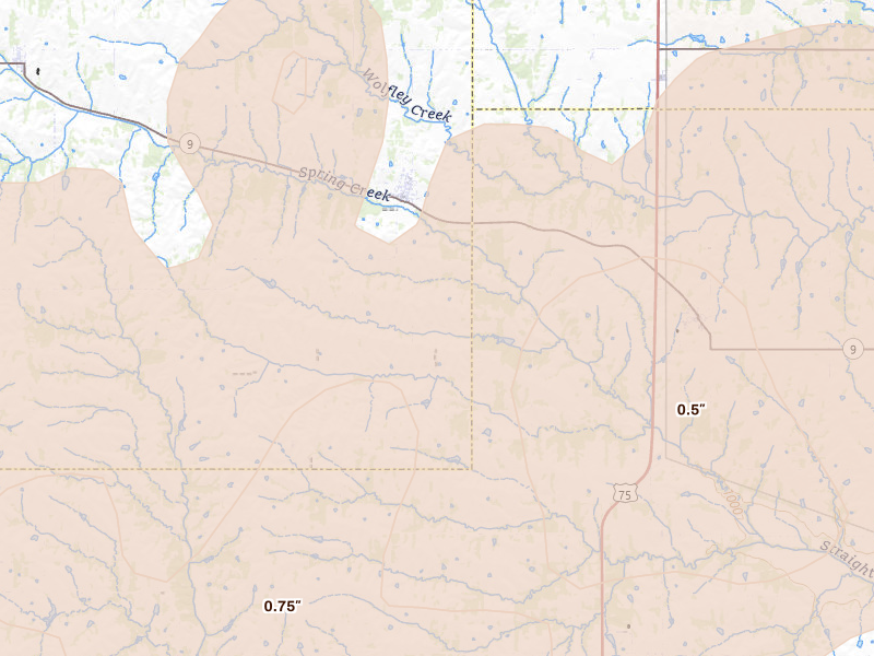 Radar-estimated hail-size map of the storm over Wetmore, KS on May 18, 2026