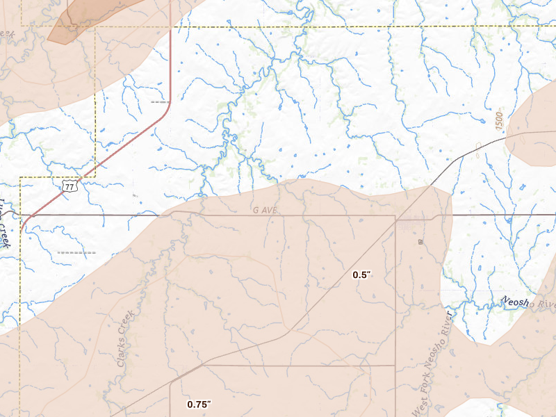 Radar-estimated hail-size map of the storm over White City, KS on Apr 23, 2026