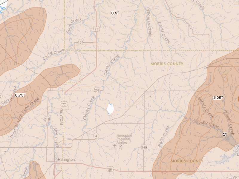 Radar-estimated hail-size map of the storm over White City, KS on Apr 26, 2026