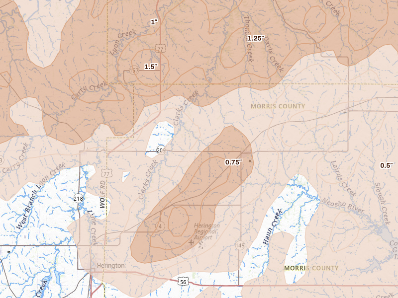 Radar-estimated hail-size map of the storm over White City, KS on May 18, 2026