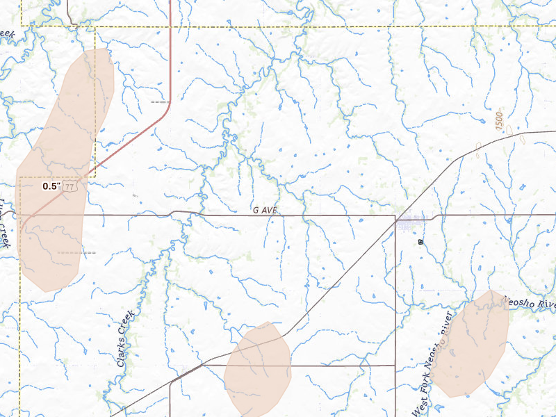 Radar-estimated hail-size map of the storm over White City, KS on May 30, 2026