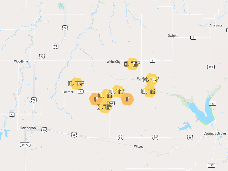 Hail map of White City, KS on Jun 9, 2026, hail up to 1"