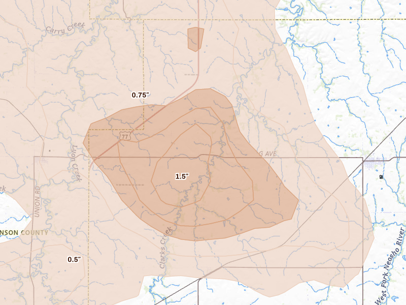 Radar-estimated hail-size map of the storm over White City, KS on Aug 6, 2026