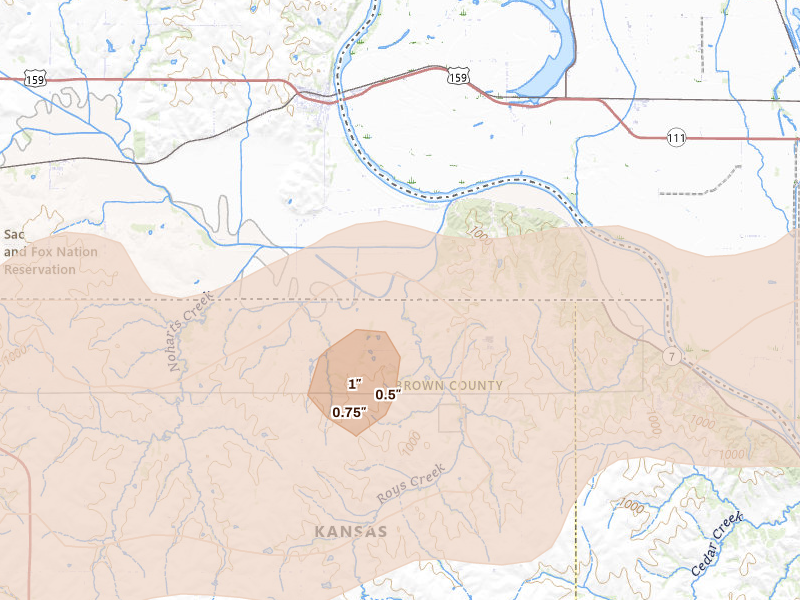 Radar-estimated hail-size map of the storm over White Cloud, KS on Jun 10, 2026