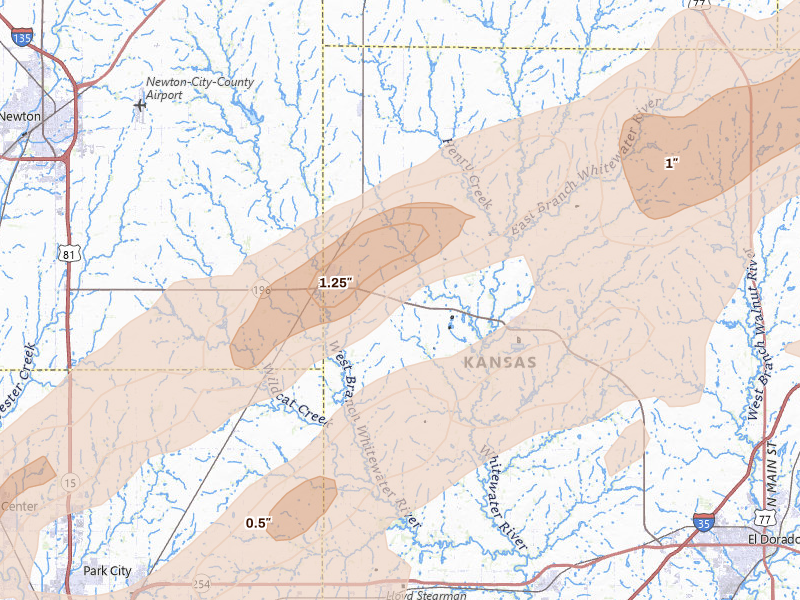 Radar-estimated hail-size map of the storm over Whitewater, KS on Apr 17, 2026