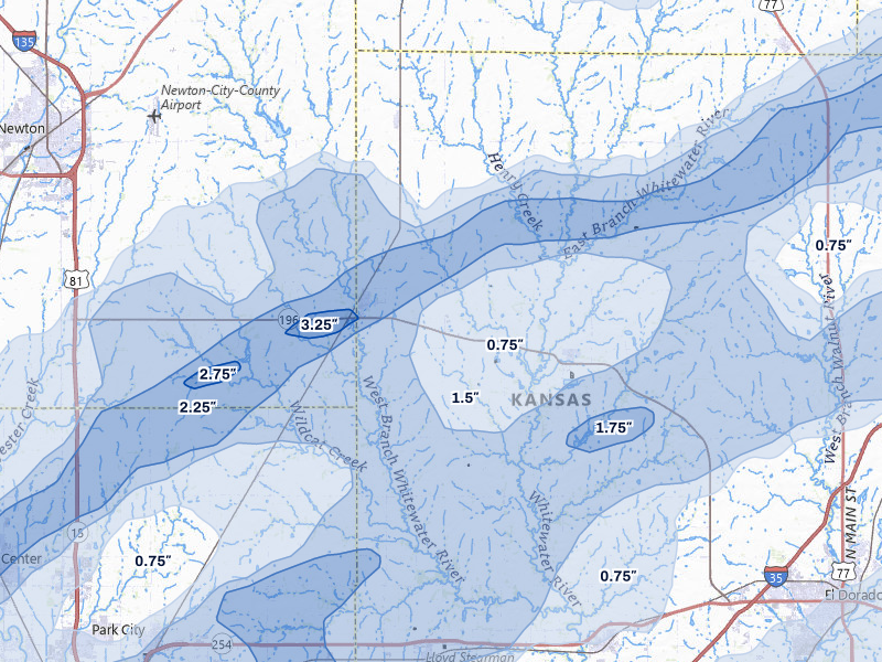 NEXRAD radar-signature map of the hail over Whitewater, KS