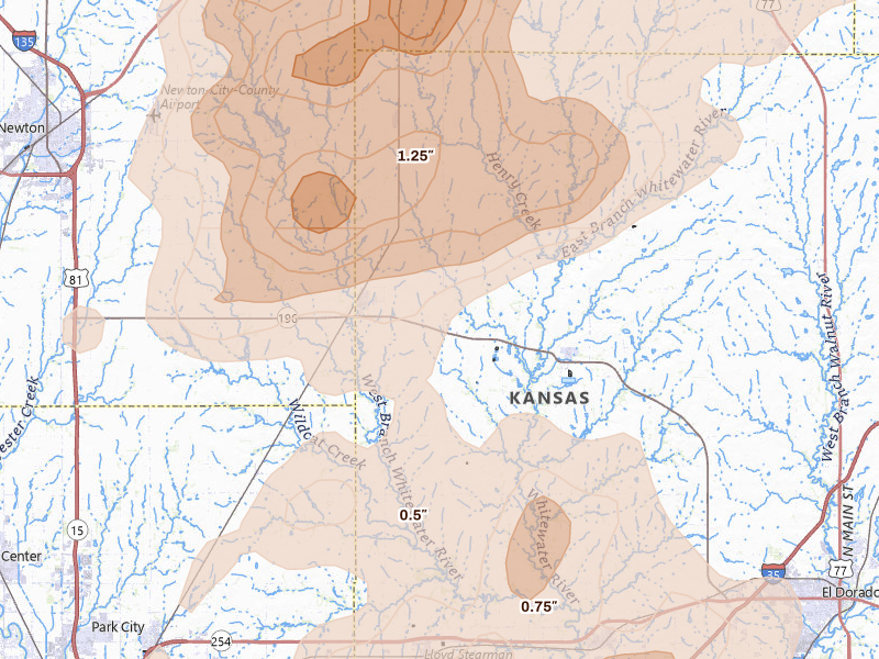 Radar-estimated hail-size map of the storm over Whitewater, KS on Apr 23, 2026