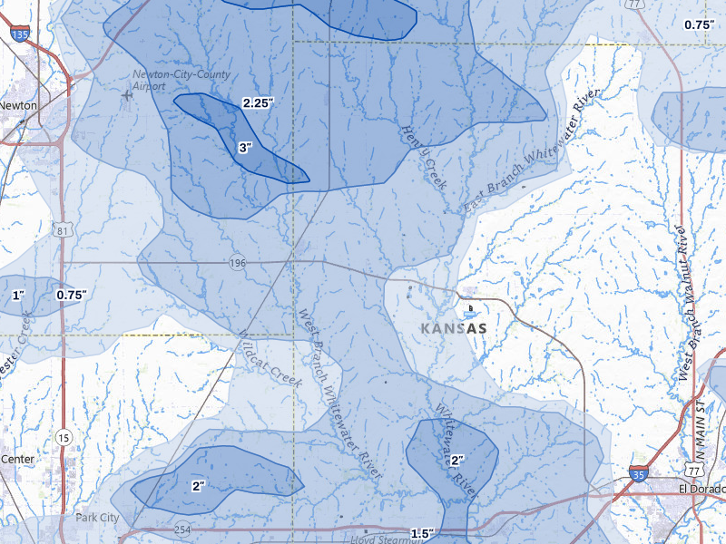 NEXRAD radar-signature map of the hail over Whitewater, KS