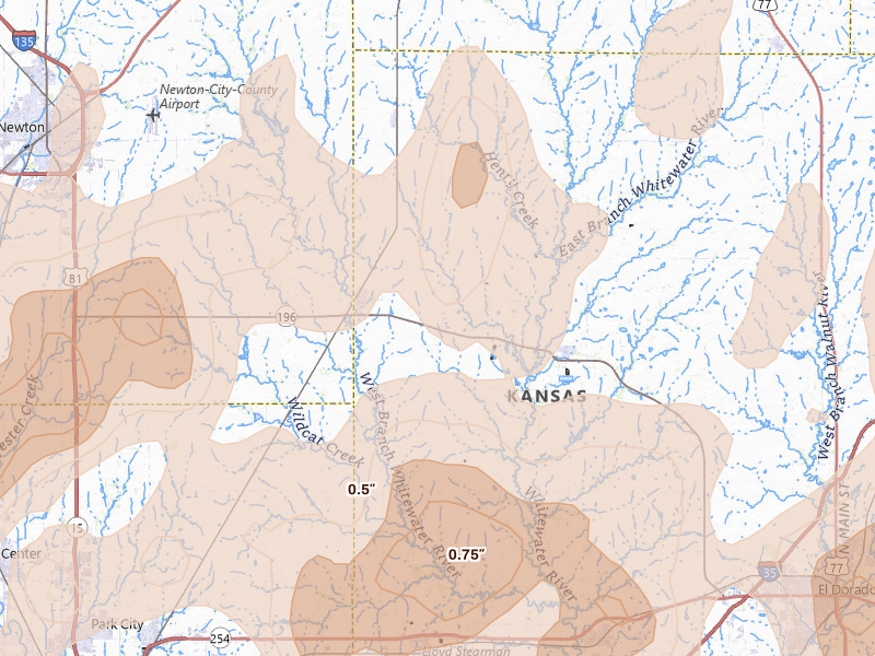 Radar-estimated hail-size map of the storm over Whitewater, KS on May 30, 2026