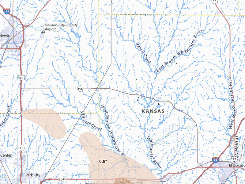 Radar-estimated hail-size map of the storm over Whitewater, KS on Jun 25, 2026