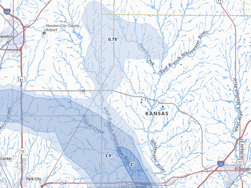 NEXRAD radar-signature map of the hail storm over Whitewater, KS on Jun 25, 2026