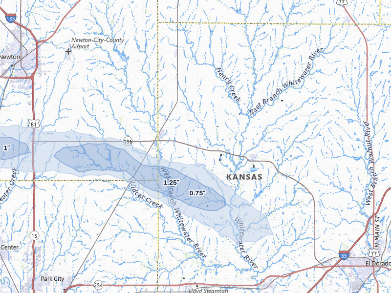 NEXRAD radar-signature map of the hail storm over Whitewater, KS on Jul 22, 2026