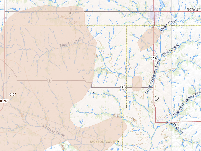 Radar-estimated hail-size map of the storm over Whiting, KS on May 18, 2026