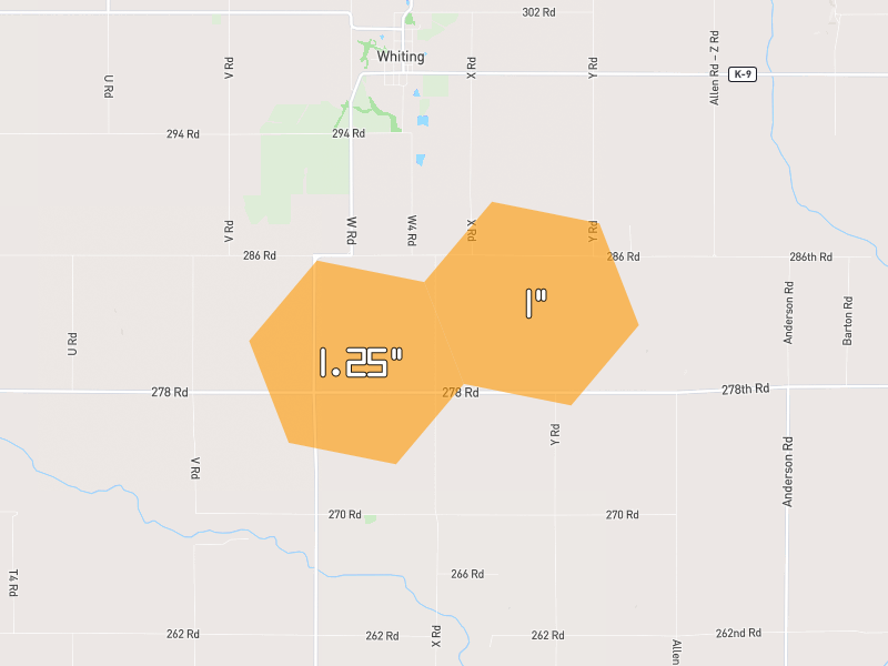 Hail map of Whiting, KS on Jun 4, 2026, hail up to 1.25"