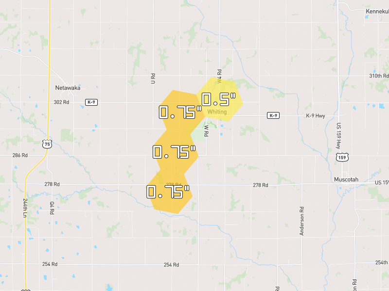 Hail map of Whiting, KS on Jun 5, 2026, hail up to 0.75"