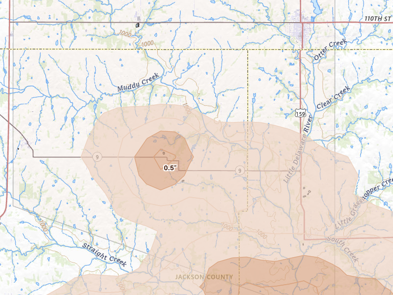 Radar-estimated hail-size map of the storm over Whiting, KS on Aug 18, 2026