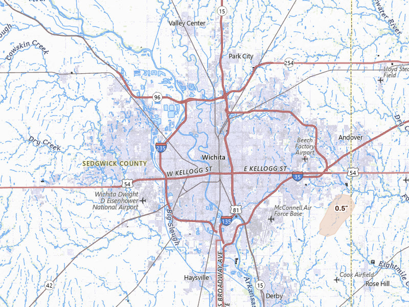 Radar-estimated hail-size map of the storm over Wichita, KS on Mar 3, 2026