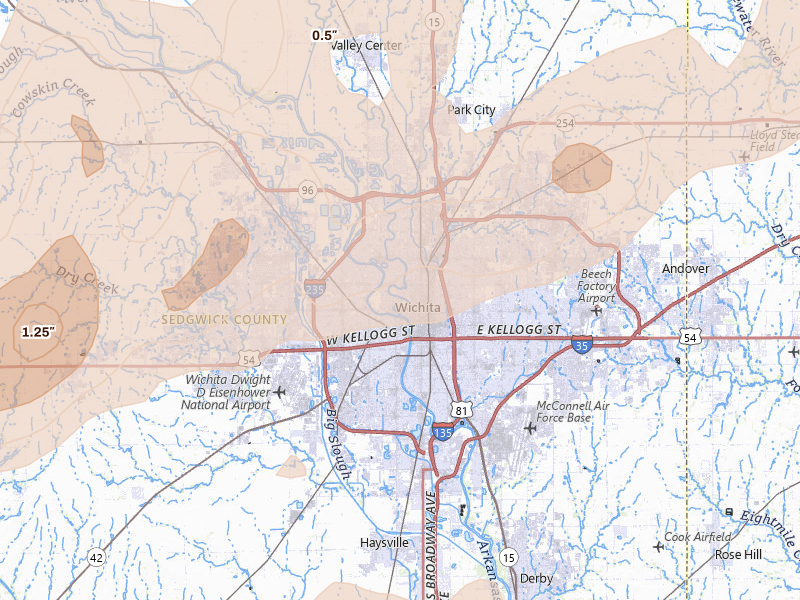 Radar-estimated hail-size map of the storm over Wichita, KS on Mar 10, 2026