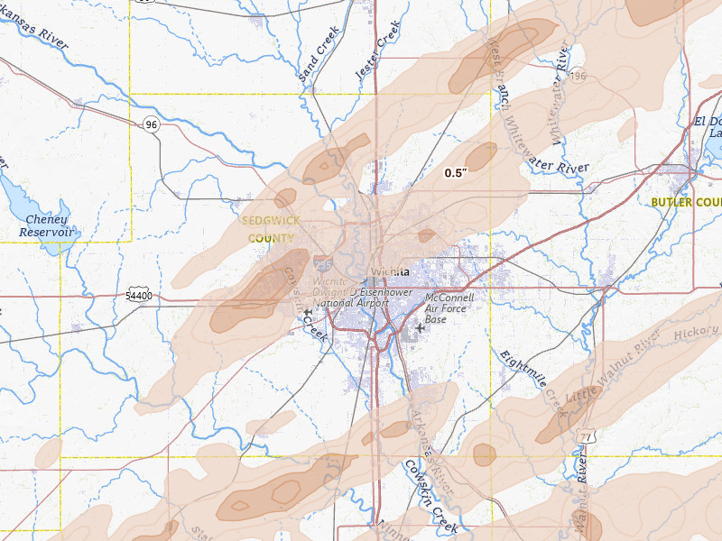 Radar-estimated hail-size map of the storm over Wichita, KS on Apr 17, 2026