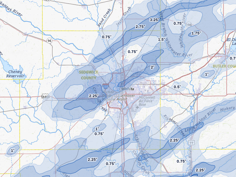 NEXRAD radar-signature map of the hail over Wichita, KS