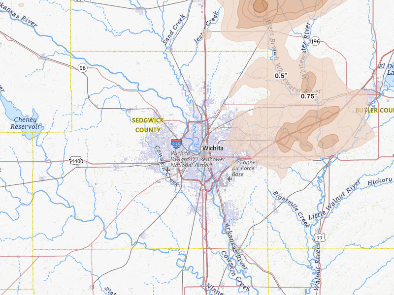 Radar-estimated hail-size map of the storm over Wichita, KS on Apr 23, 2026