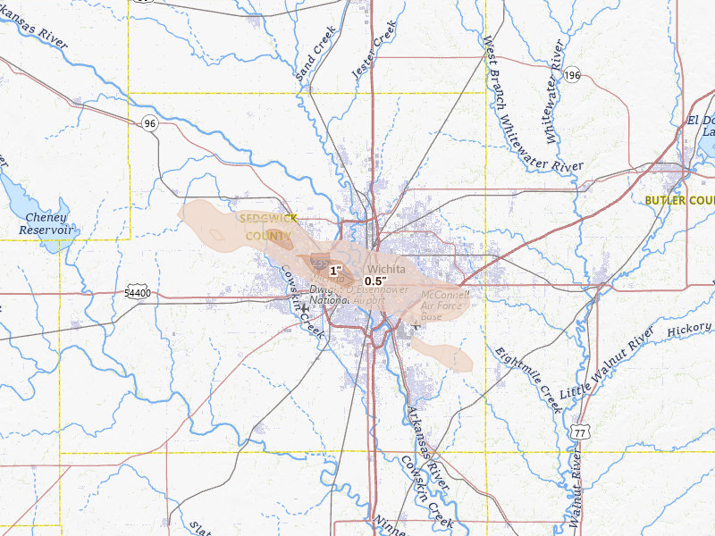 Radar-estimated hail-size map of the storm over Wichita, KS on Apr 25, 2026