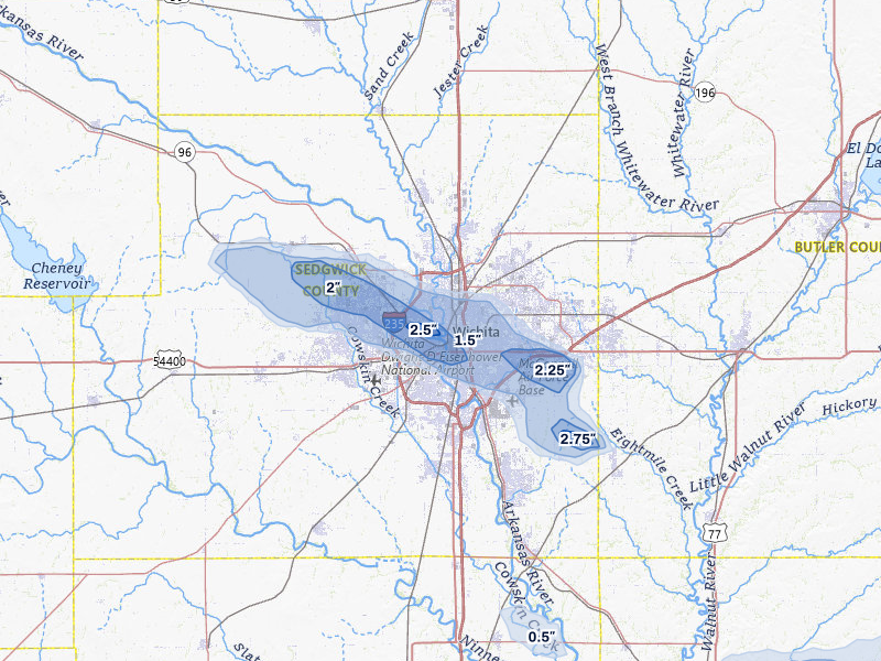 NEXRAD radar-signature map of the hail over Wichita, KS