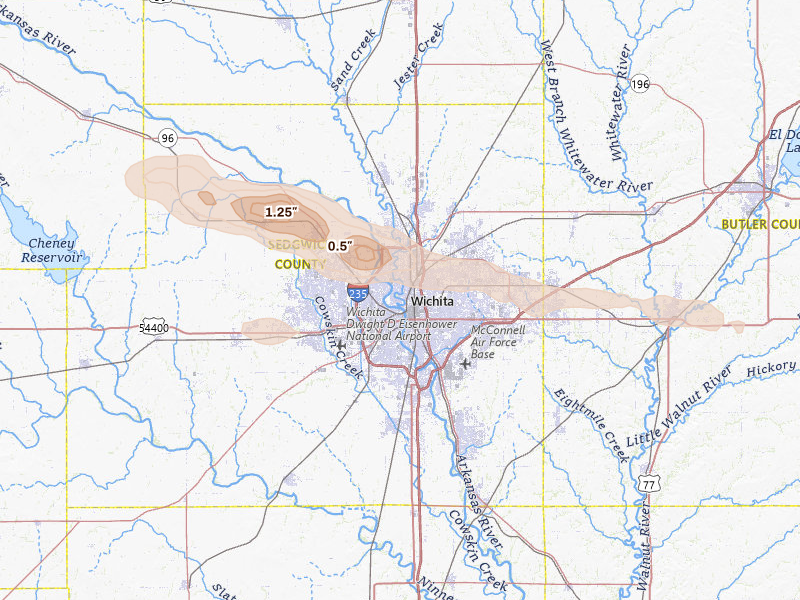 Radar-estimated hail-size map of the storm over Wichita, KS on May 4, 2026