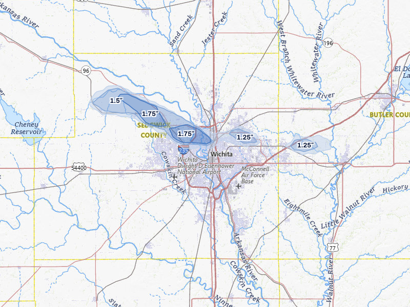 NEXRAD radar-signature map of the hail storm over Wichita, KS on May 4, 2026