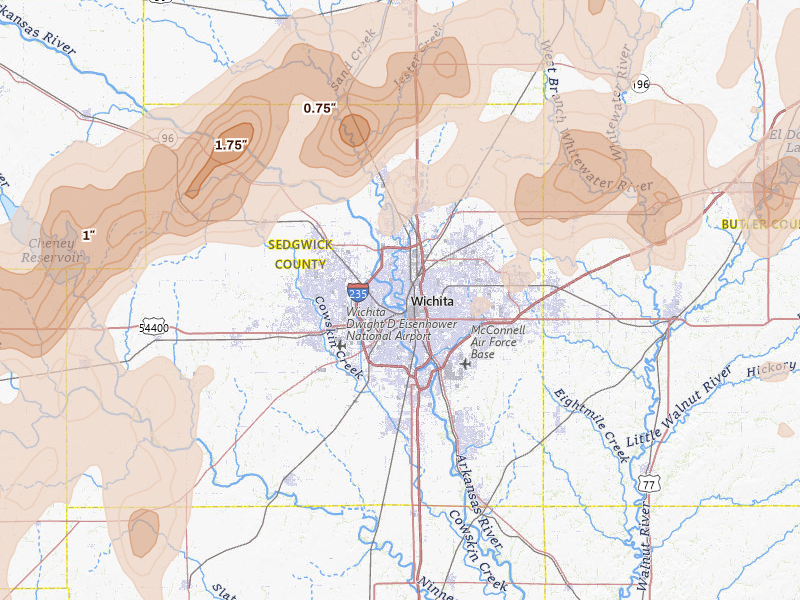 Radar-estimated hail-size map of the storm over Wichita, KS on May 30, 2026