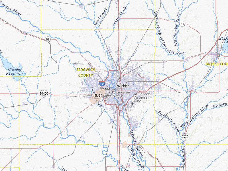 Radar-estimated hail-size map of the storm over Wichita, KS on Jun 4, 2026