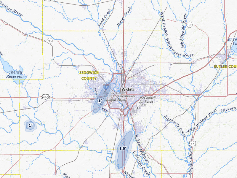NEXRAD radar-signature map of the hail over Wichita, KS