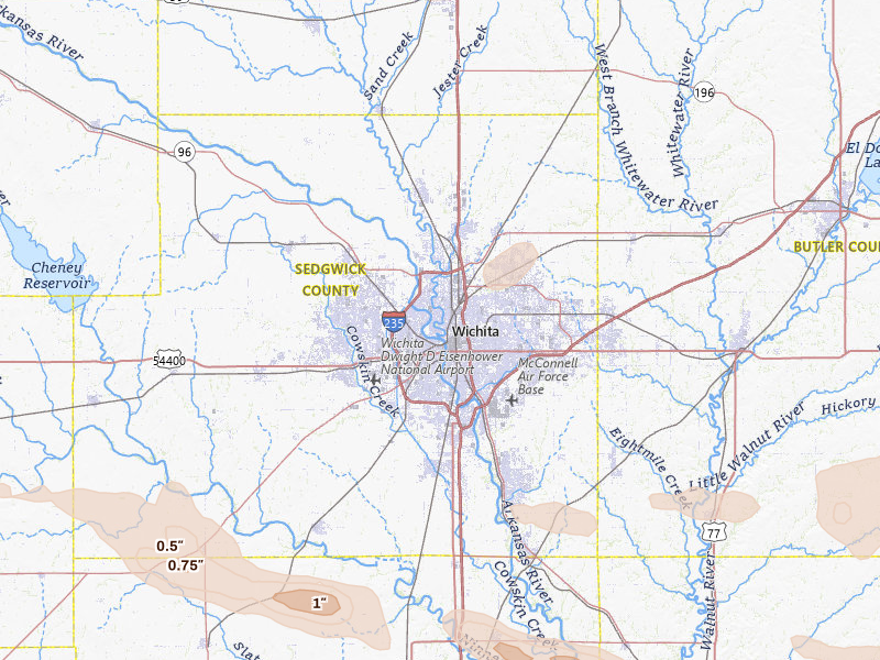 Radar-estimated hail-size map of the storm over Wichita, KS on Jun 18, 2026