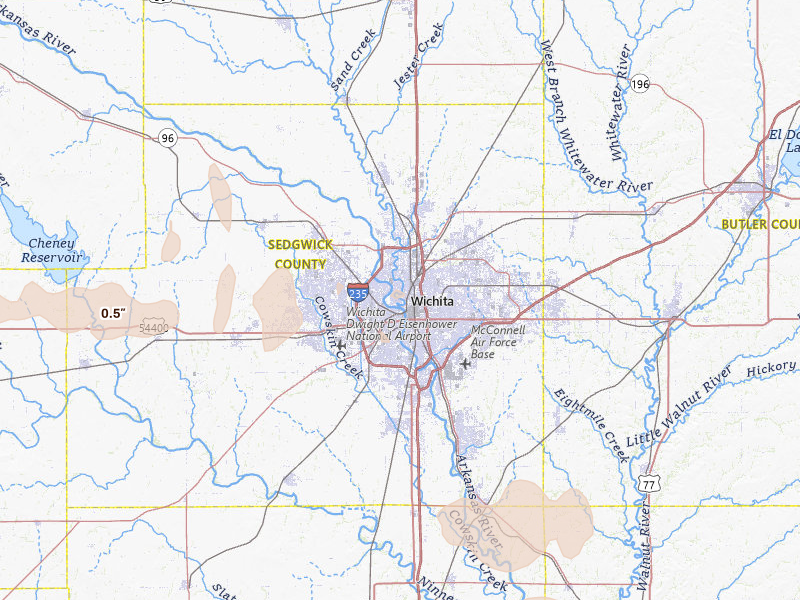Radar-estimated hail-size map of the storm over Wichita, KS on Jun 20, 2026