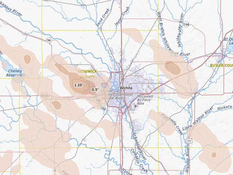 Radar-estimated hail-size map of the storm over Wichita, KS on Jun 25, 2026