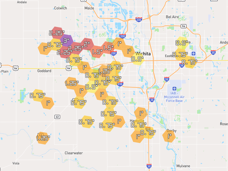 Hail map of Wichita, KS on Jun 26, 2026, hail up to 3"