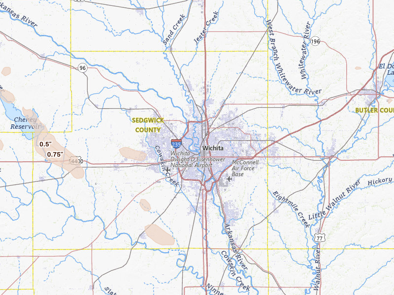 Radar-estimated hail-size map of the storm over Wichita, KS on Jul 10, 2026