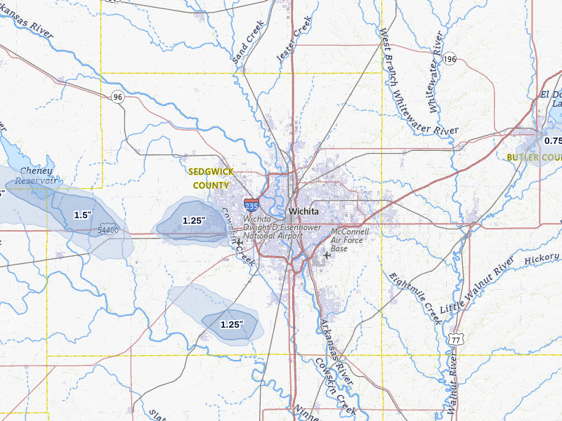 NEXRAD radar-signature map of the hail storm over Wichita, KS on Jul 10, 2026