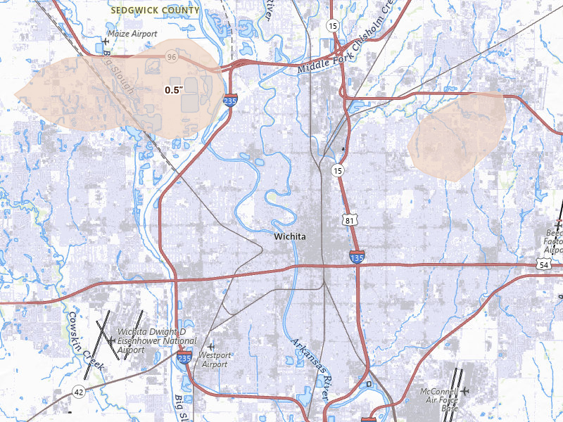 Radar-estimated hail-size map of the storm over Wichita, KS on Aug 6, 2026