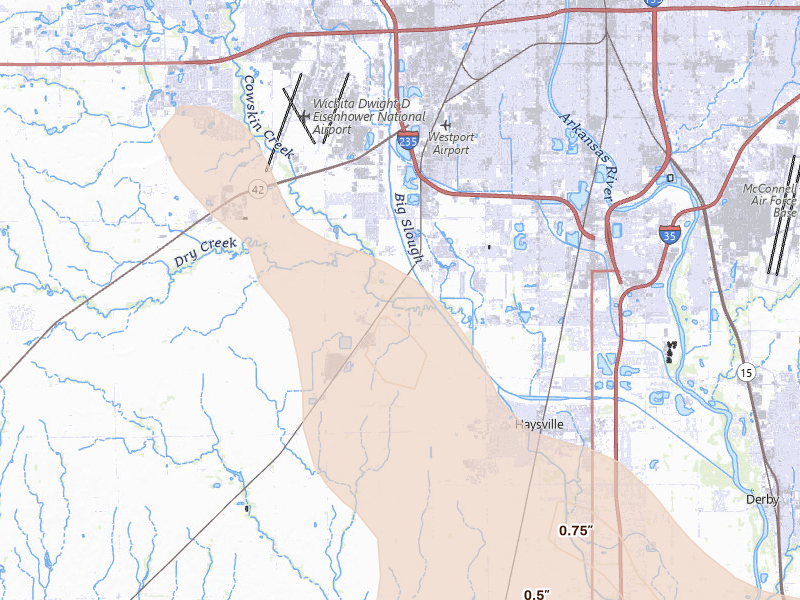 Radar-estimated hail-size map of the storm over Wichita, KS on Aug 20, 2026