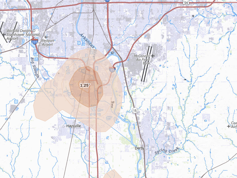 Radar-estimated hail-size map of the storm over Wichita, KS on Aug 26, 2026