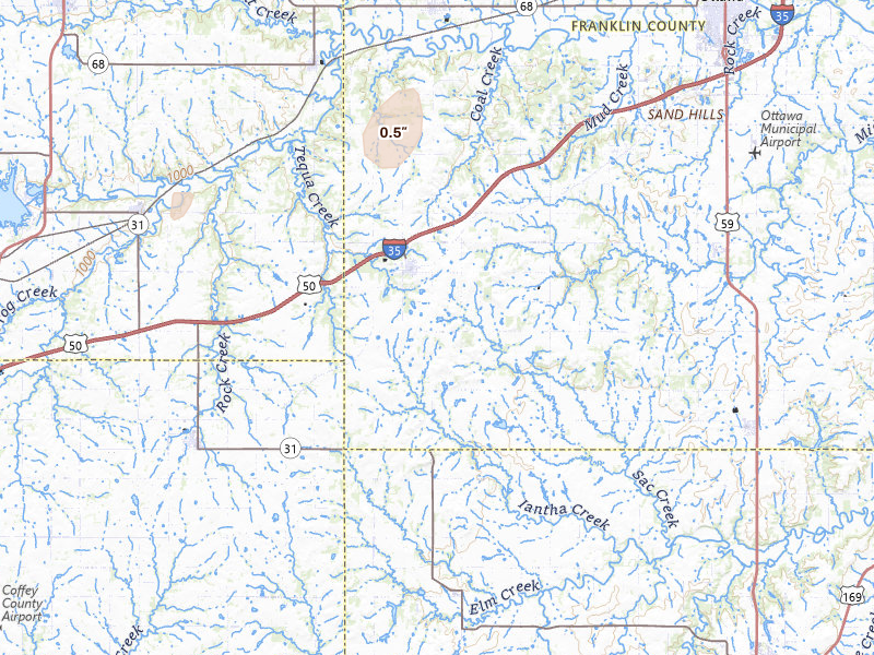 Radar-estimated hail-size map of the storm over Williamsburg, KS on Mar 6, 2026