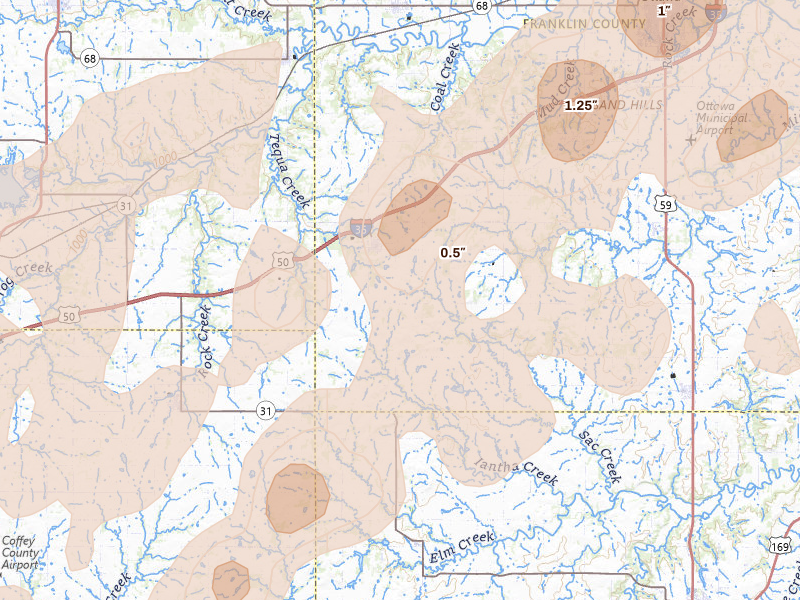 Radar-estimated hail-size map of the storm over Williamsburg, KS on Apr 17, 2026