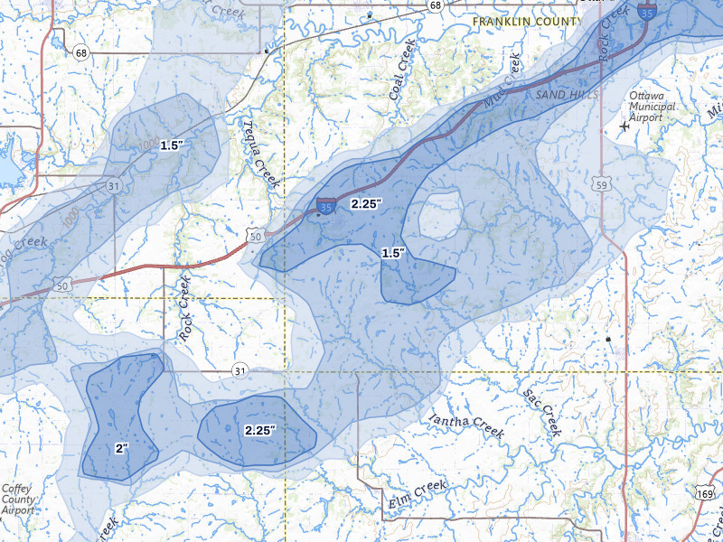 NEXRAD radar-signature map of the hail over Williamsburg, KS